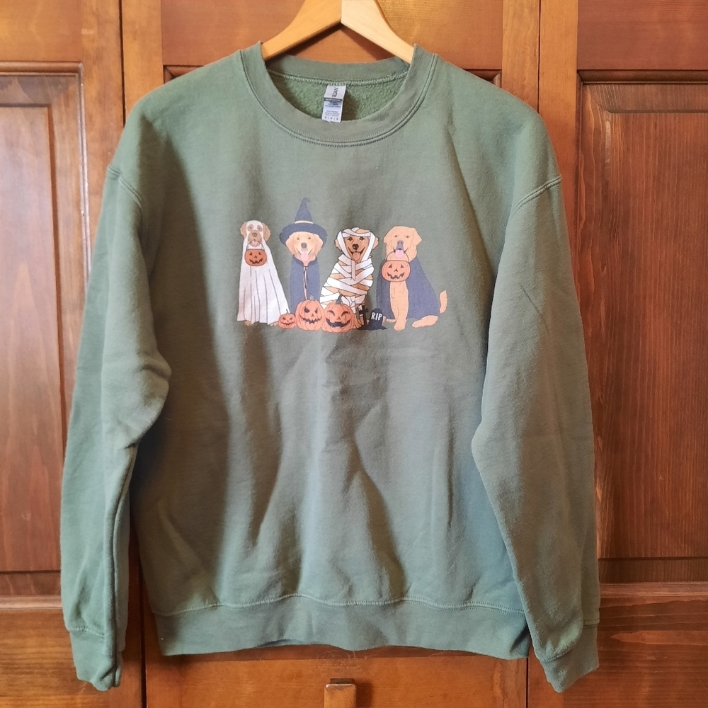 Golden Retriever Halloween Costume Army Green Graphic Crewneck Sweatshirt Size M